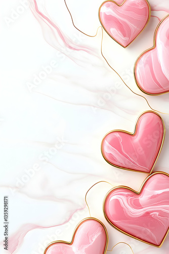 Pink marble hearts with gold trim on white background