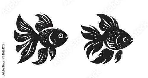 fish or goldfish black silhouette logo icon isolated on white background, clip art bundle set