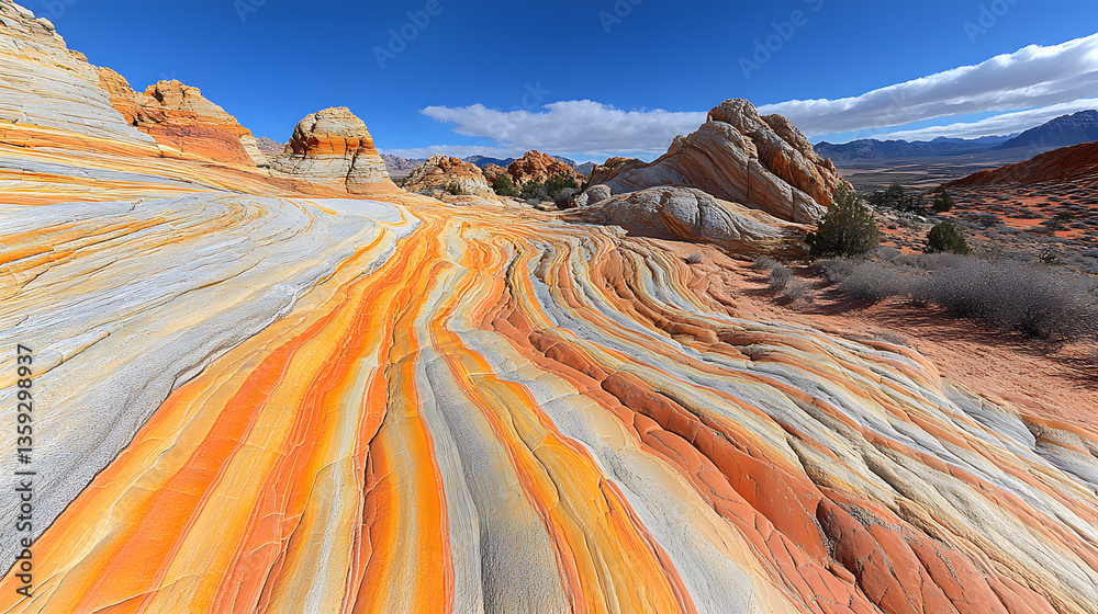 Colorful Sandstone Wave: Captivating panorama of the sandstone formations, showcasing a symphony of colors and textures under a vibrant blue sky, embodying the raw beauty of nature's artistry.