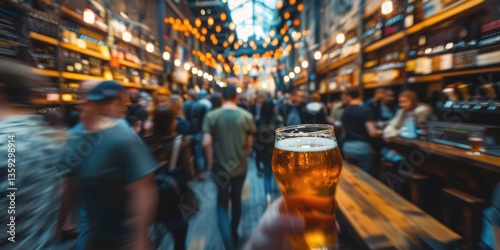 Crowded brewery with people walking among large brewing tanks. Motion blur photography capturing industrial atmosphere and activity. Long exposure image of diverse people visiting at factory. AIG55.
