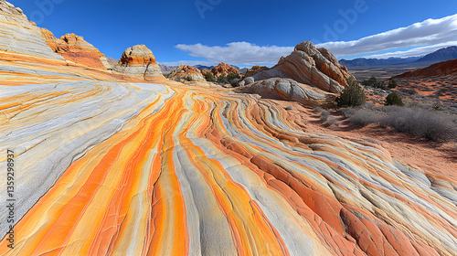Obraz na płótnie Colorful Sandstone Wave: Captivating panorama of the sandstone formations, showcasing a symphony of colors and textures under a vibrant blue sky, embodying the raw beauty of nature's artistry. w salonie