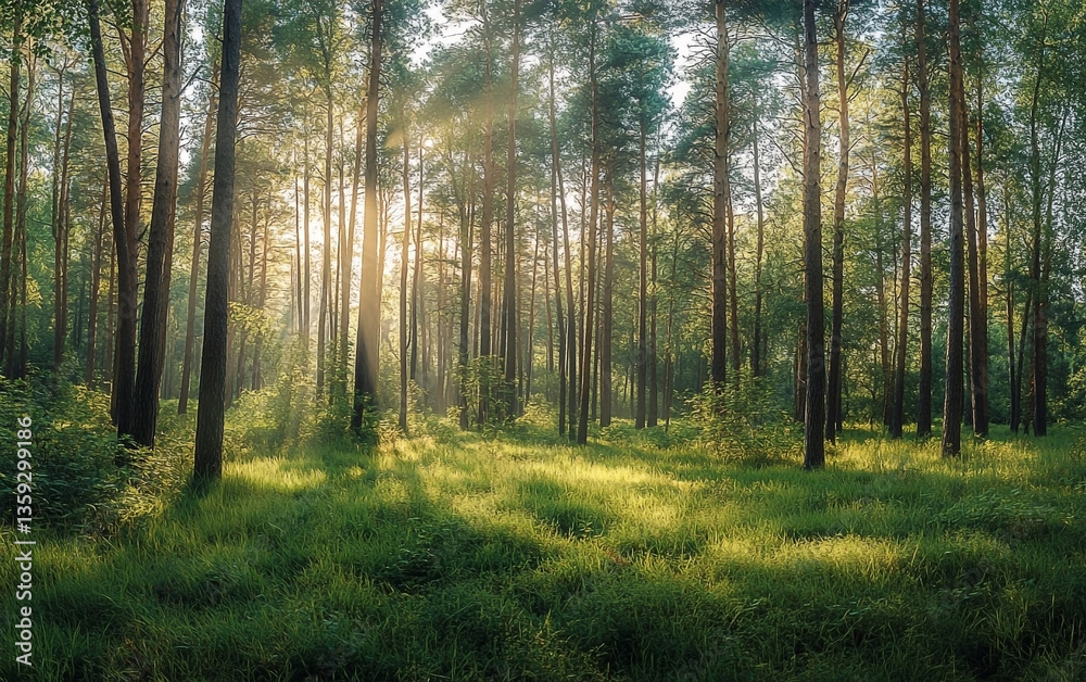 Fototapeta premium Sunlight filters through a serene forest with tall trees and lush green grass creating a peaceful scene