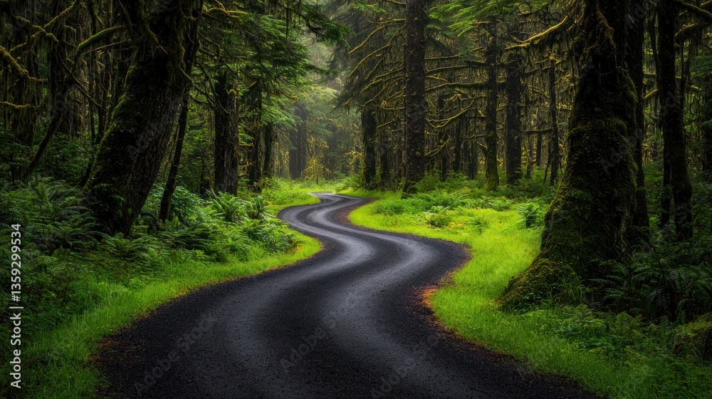 Obraz premium A winding paved road passes through a lush green forest environment