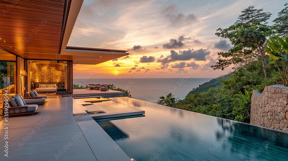 Fototapeta premium Sleek villa with uninterrupted ocean views through floor-to-ceiling glass, natural wood tones and stone elements creating harmony with the coastal landscape, soft sunset hues. 