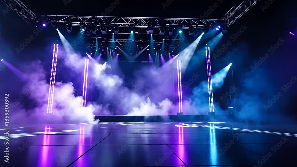 Empty concert stage with colorful lighting, smoke effects, and reflective floor in a dark indoor performance venue

