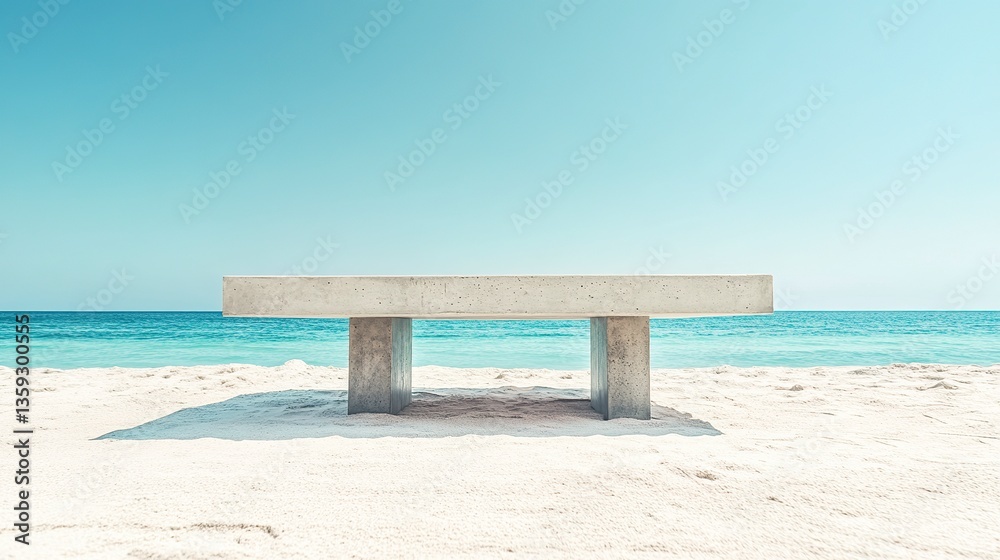 Solid concrete table resting on warm beach sand, crystal-clear ocean backdrop, vibrant blue sky overhead Solid concrete table resting on warm beach sand, crystal-clear ocean backdrop, vibrant blue sky overhead