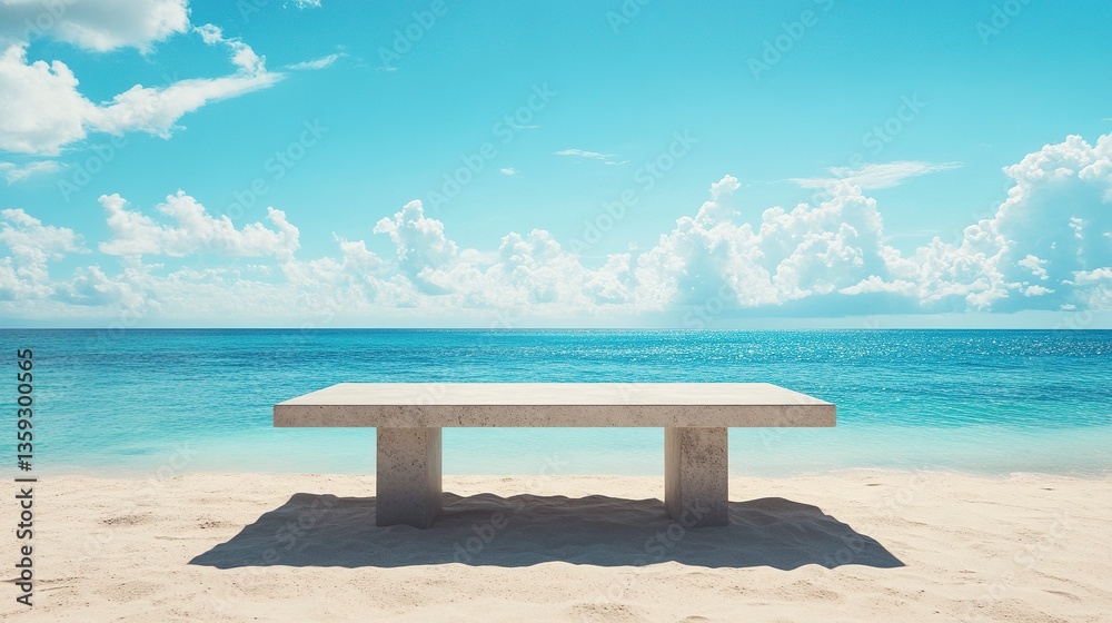 Solid concrete table resting on warm beach sand, crystal-clear ocean backdrop, vibrant blue sky overhead Solid concrete table resting on warm beach sand, crystal-clear ocean backdrop, vibrant blue sky overhead