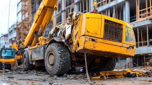 A damaged yellow crane and construction equipment onsite outdoors