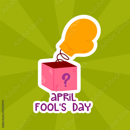 Funny vector illustration of a surprise prank box with a jumping boxing glove and the text "April Fool’s Day" on a bright green background. Perfect for joke-themed designs and greeting cards