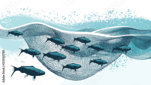 Digital illustration depicting a school of dark blue fish swimming near a large fishing net partially submerged in water. The water is depicted with light blue and teal tones, showing waves and