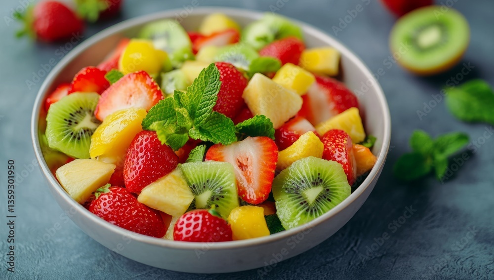 A bowl filled with vibrant strawberries, kiwi slices, and refreshing mint leaves sits on a rustic table, showcasing a colorful and healthy fruit salad perfect for nutritious meals A bowl filled with vibrant strawberries, kiwi slices, and refreshing mint leaves sits on a rustic table, showcasing a colorful and healthy fruit salad perfect for nutritious meals