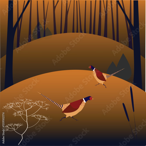 Autumn Pheasants in woods