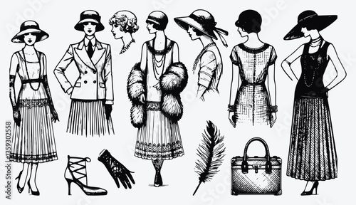 Elegant flapper girls and accessories in vintage line art illustration showcasing classic style and grace, transporting viewers to a bygone era of glamour