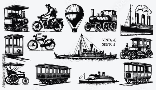 Vintage transportation sketch: a collection of hand-drawn illustrations of classic vehicles and transport modes, evoking nostalgia and historical charm.