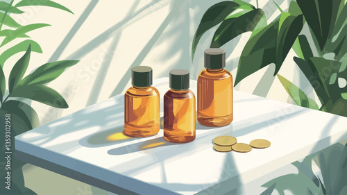 A digital illustration depicting three amber-colored glass bottles with black caps arranged on a white table.  The bottles are partially illuminated by sunlight creating strong shadows.  Several