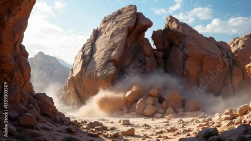 A giant rock formation breaking apart, sending boulders tumbling down a cliff.