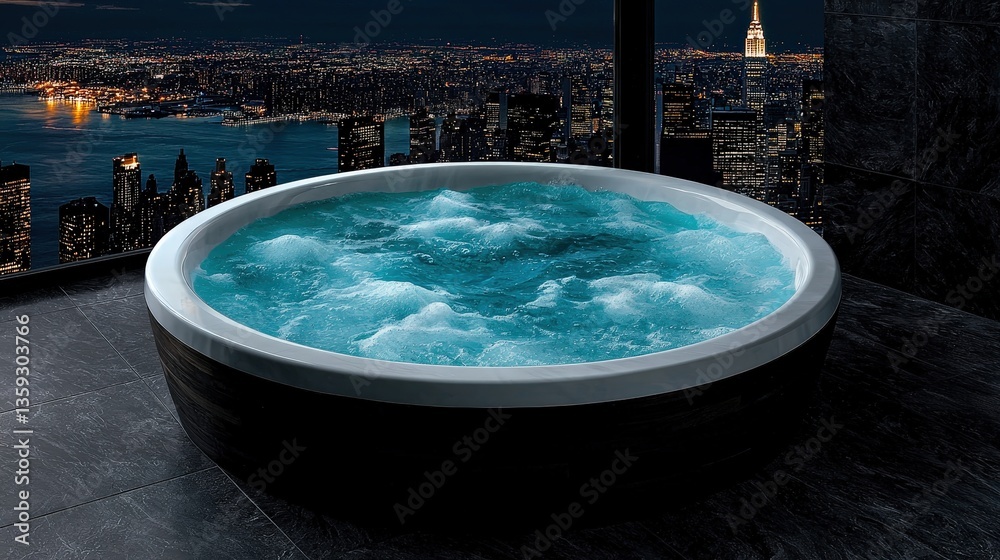 Luxurious bathtub offering a stunning city skyline view through a large window at sunset Luxurious bathtub offering a stunning city skyline view through a large window at sunset