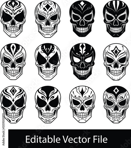 Collection of decorative sugar skull designs with varied patterns
