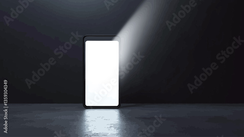 The image shows a vertically oriented smartphone standing in a dark room.  The smartphone screen is brightly lit, emitting a strong white light, creating a stark contrast with the dark gray walls