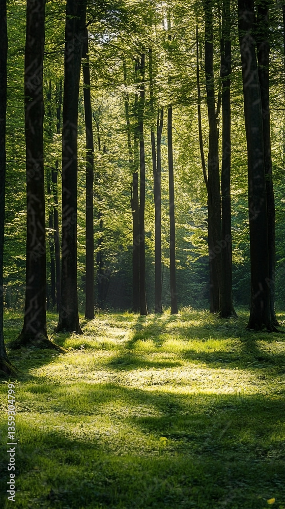 Obraz premium Sunlight filters through tall trees in a tranquil green forest landscape creating shadows on the grass