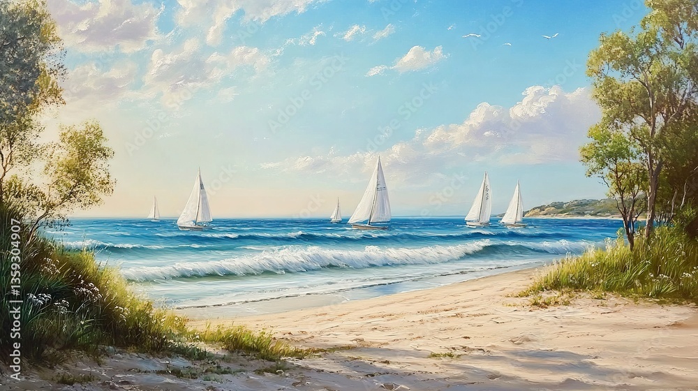 Obraz premium Stunning coastal scene featuring white sails dotting the horizon, gentle waves lapping the sandy shore, lush greenery framing the beach, soft pastel skies enhancing the tranquility.