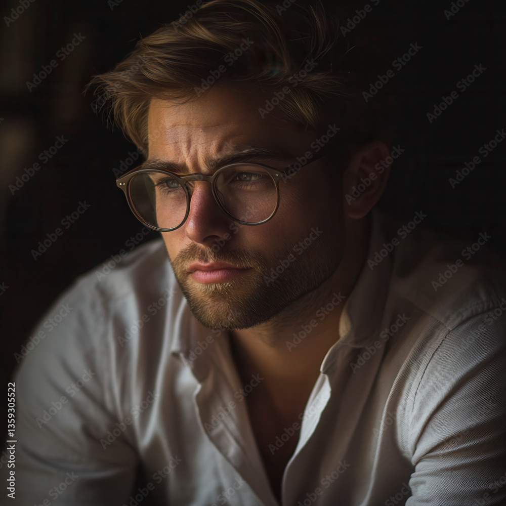 Contemplative portrait of a young man with glasses indoor setting emotional expression dim lighting close-up perspective