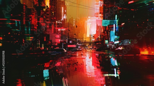 Abstract picture digital style scenery high tech building or structure with glowing fantasy neon light. Cyberpunk or cyberspace scene technology design construction and electric particle flow. AIG53.