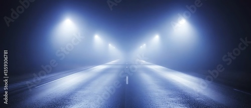 A long road illuminated by streetlights in dense atmospheric fog