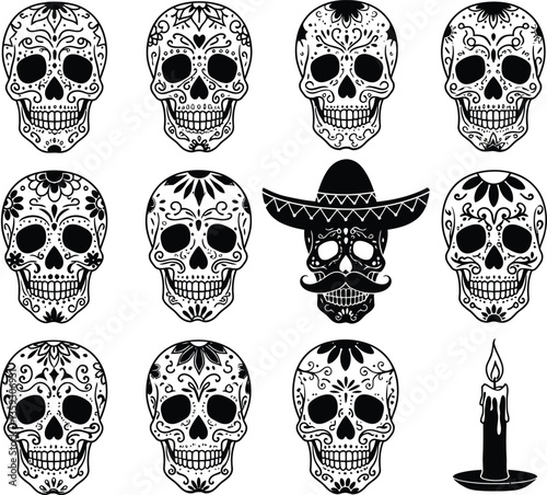 Collection of decorative sugar skull designs with varied patterns