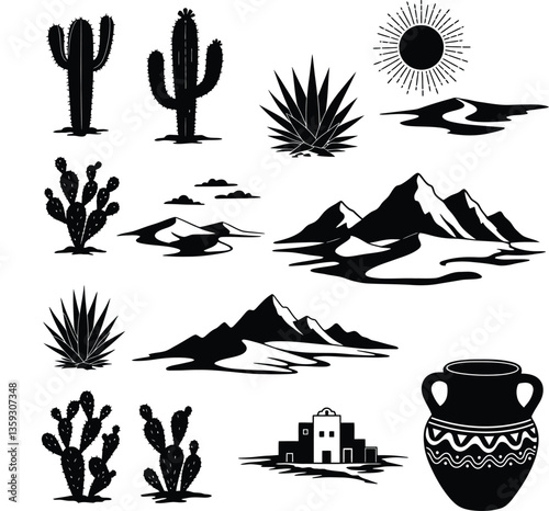 Desert Landscape and Cactus Silhouette Vector Set