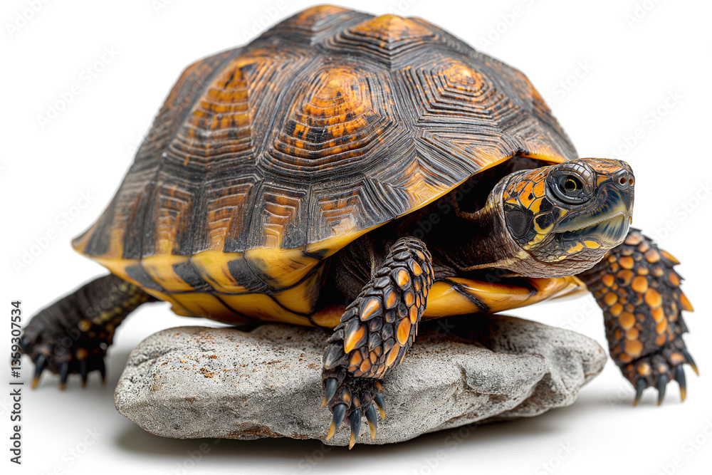 Fototapeta premium A vibrant tortoise with striking patterns perched on a smooth stone, showcasing its colorful shell and inquisitive expression.