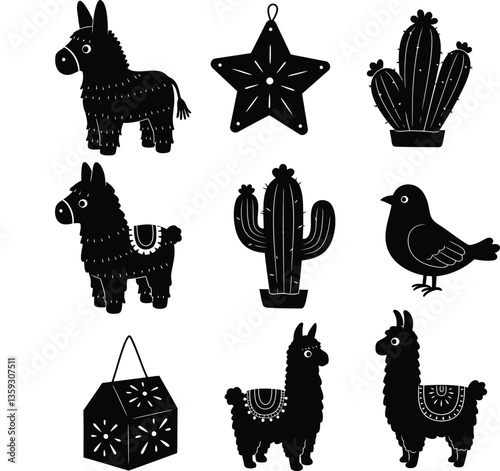Cinco de Mayo vector celebration, Mexican icon set, collection design elements silhouette style vector. Sombrero with a mustache, chili peppers, cactus in a pot, piñata (donkey-shaped), banner.