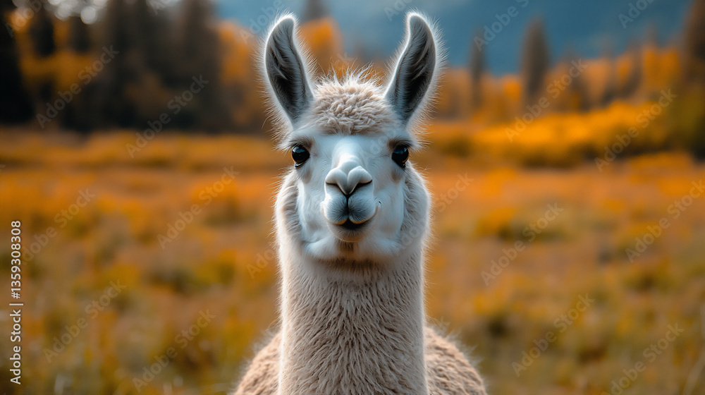 Fototapeta premium a close-up shot of a llama with a fluffy coat looking directly at the came