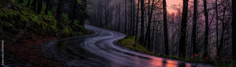 Fototapeta premium A winding road travels through a dark and lush forest