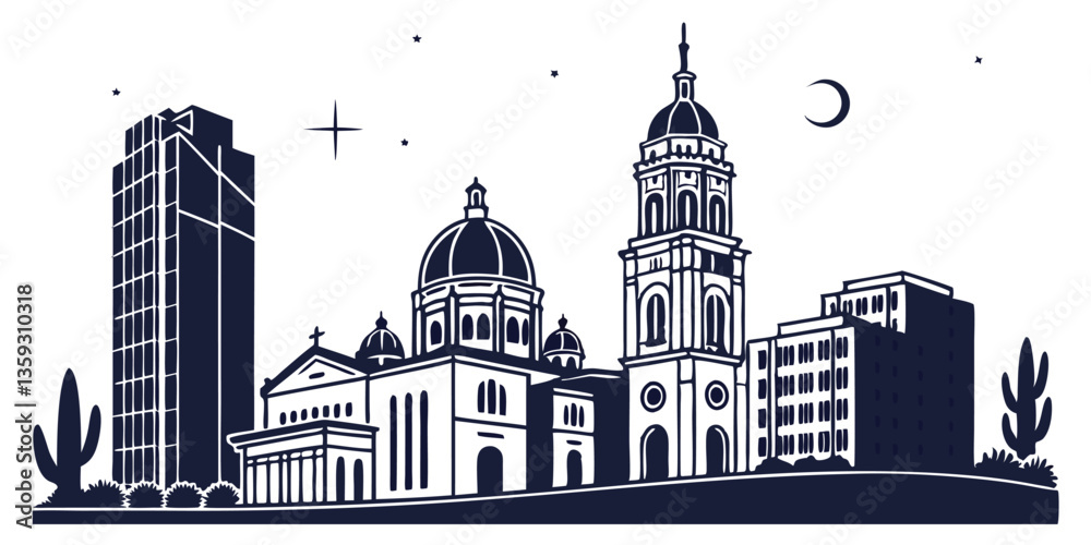 Tucson vector silhouette skyline representing the city's beautiful desert landscape, historic architecture, and modern skyline. Perfect for posters, digital prints, wall decor, branding, and design. Tucson vector silhouette skyline representing the city's beautiful desert landscape, historic architecture, and modern skyline. Perfect for posters, digital prints, wall decor, branding, and design.