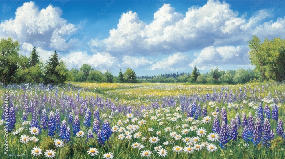 Beautiful landscape depicts vibrant flowers under a bright blue sky Beautiful landscape depicts vibrant flowers under a bright blue sky