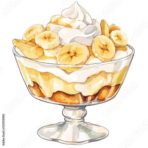 Banana Pudding with Whipped Cream and Banana Slices in Glass