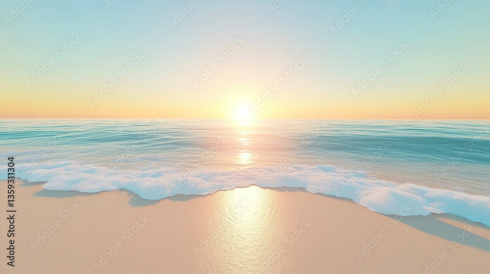 Obraz premium Sunrise beachscape, golden sand glowing under soft light, pastel horizon blending with azure sky, tranquil waves 