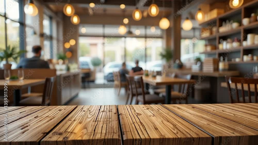 Warm Restaurant Interior View with Wooden Table and Blurred Background Warm Restaurant Interior View with Wooden Table and Blurred Background
