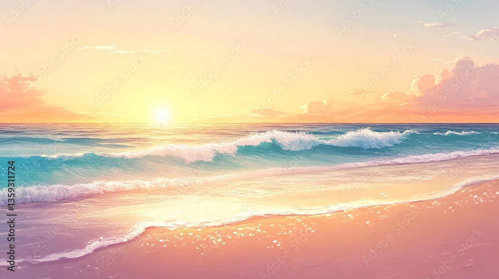 Obraz premium Sunset beachscape with tranquil waves, golden sand meeting pastel-colored horizon, soft azure sky, peaceful coastal scene 