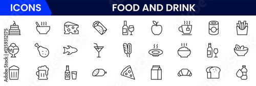 Food and drink web icons in line style. Meal, restaurant, dishes, fruits, fastfood, burger, pizza, coffee, sandwich, collection. Vector illustration.