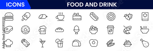 Food and drink web icons in line style. Meal, restaurant, dishes, fruits, fastfood, burger, pizza, coffee, sandwich, collection. Vector illustration.