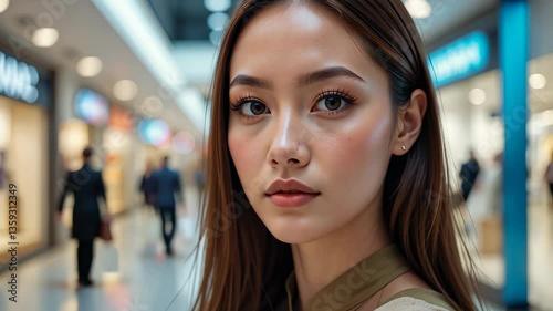 Wallpaper Mural Young Woman Portrait in Shopping Mall with Background Blur and Warm Tones Torontodigital.ca