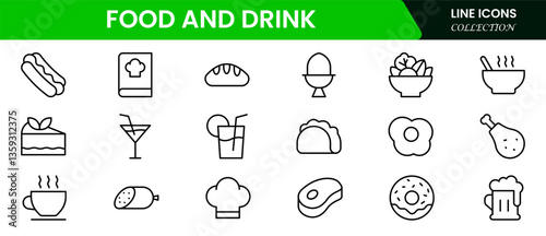 Food and drink web icons in line style. Meal, restaurant, dishes, fruits, fastfood, burger, pizza, coffee, sandwich, collection. Vector illustration.