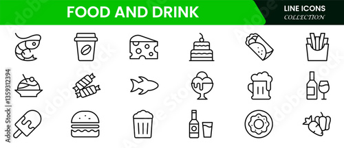 Food and drink web icons in line style. Meal, restaurant, dishes, fruits, fastfood, burger, pizza, coffee, sandwich, collection. Vector illustration.