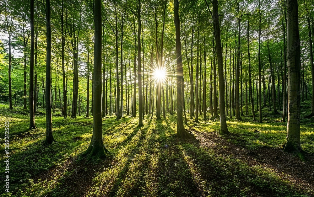 Obraz premium Sunlight streams through a dense forest of tall trees casting long shadows on the green forest floor