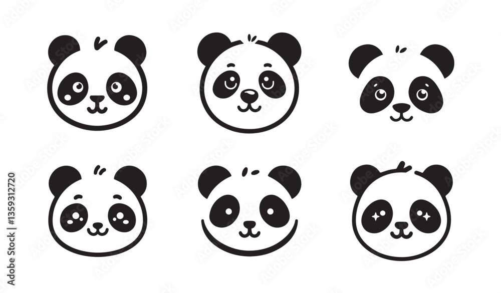 Fototapeta premium Cute adorable panda face silhouette logo icon isolated on white background, bundle 