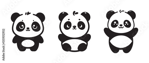 Cute adorable panda silhouette logo icon isolated on white background, bundle set