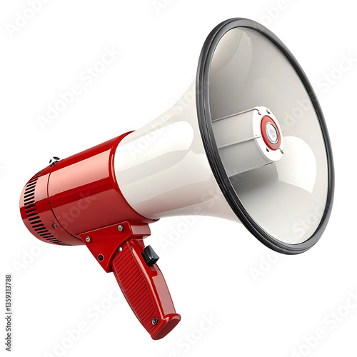 3D Render of Red and White Megaphone with Glossy Finish and Clipping Path on Transparent Background PNG

