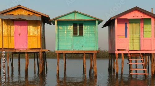 Three colorful stilt houses standing in tranquil water environment